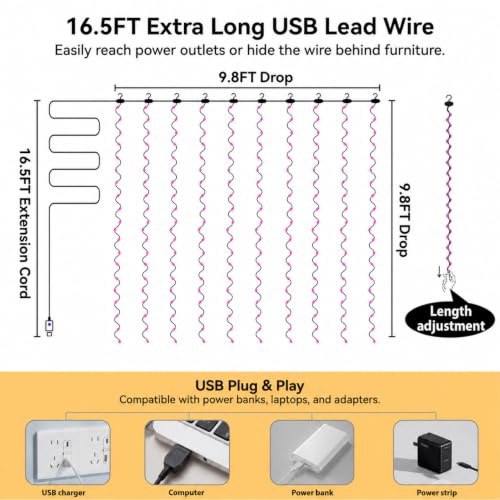 300 LED Pink Curtain Fairy Lights with Remote, 9.8x9.8 Ft USB String Lights