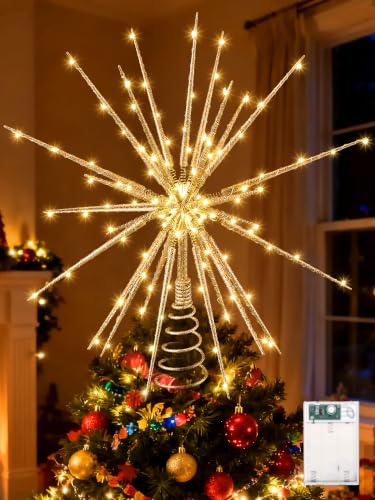 Meonum LED Starburst Christmas Tree Topper with Timer, Golden 16in