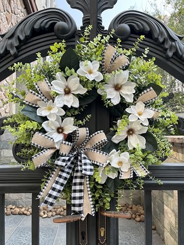 24-Inch Artificial Magnolia Wreath with Buffalo Plaid Bow for Front Door
