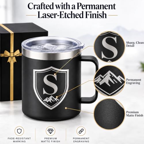 Black Personalized 14 Oz Insulated Coffee Mug with Letter S & Lid