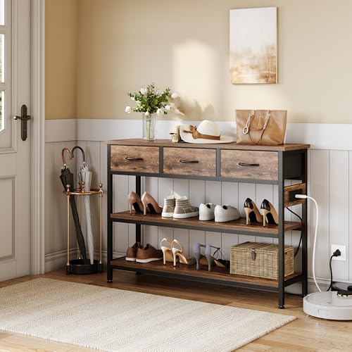 43-Inch Console Table with Charging Station and 3 Fabric Drawers