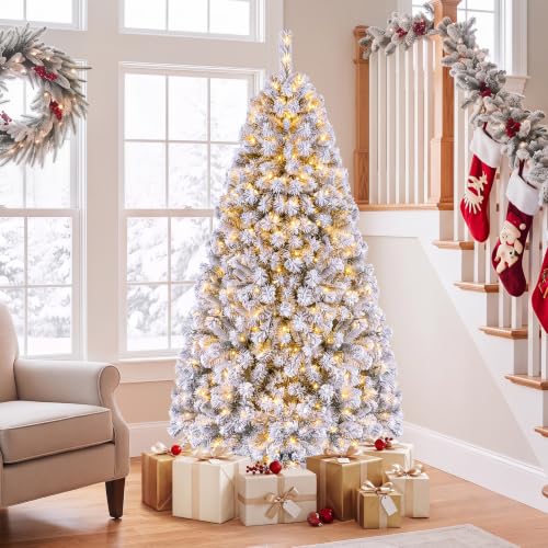 HAPPYGRILL 6ft Pre-Lit White & Green Christmas Tree with Snow Flocked Needles, 600 Tips, LED Lights & Metal Stand
