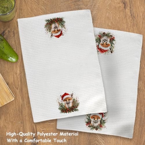 Christmas Fox Kitchen Towels - Fox Lover Decor, Holiday Dish Hand Towels, 16x24 Inch Set of 2