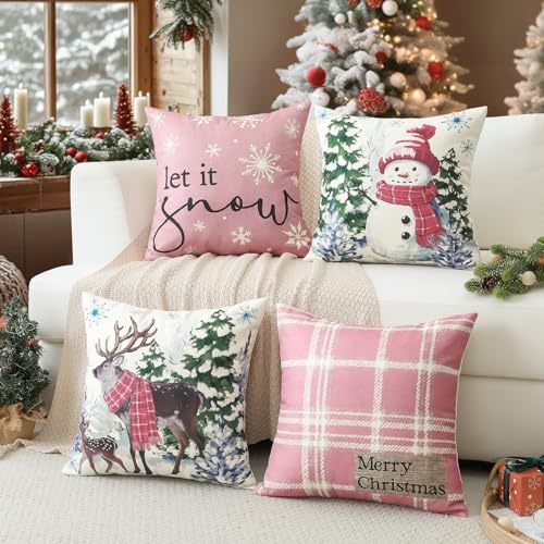 Artscope Christmas Throw Pillow Covers 18x18 Inch Set of 4, Pink Scottish Plaid Snowman Reindeer