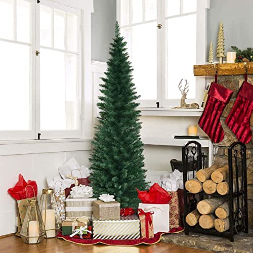 HAPPYGRILL 6ft Pencil Christmas Tree Unlit Slim Xmas Tree with Foldable Metal Stand, PVC