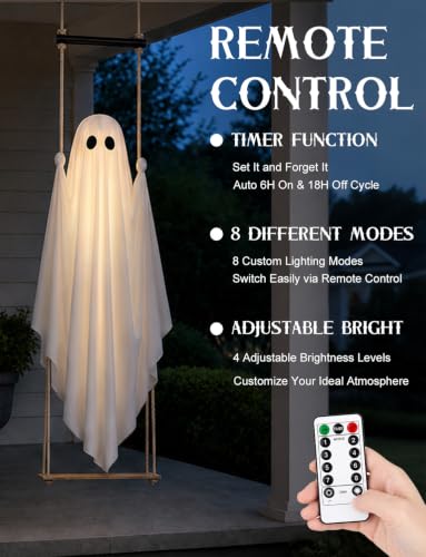 Joyehome 3.7FT Hanging Swing Ghost Outdoor Halloween Decoration with Waterproof Remote Lights