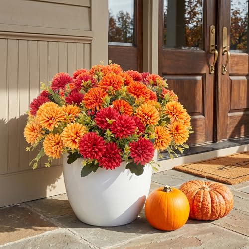 12 Pack Outdoor Artificial Fall Flowers - UV Resistant Fake Chrysanthemums