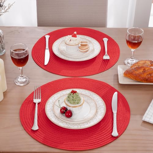 Red Braided Cotton Placemat Set of 4 - Washable Table Mats for Dining & Holidays