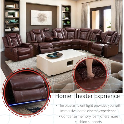Power Recliner Sectional Sofa with LED Lights, Cup Holders & Storage Console
