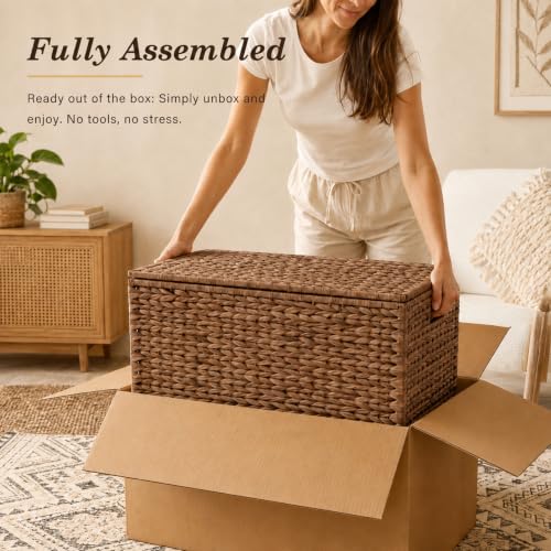 Hand-Woven Water Hyacinth Storage Trunk with Hinged Lid and Handles