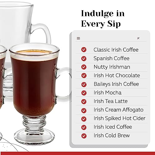 PARNOO Irish Coffee Mugs Set of 4 - 8 oz Clear Glass Hot Beverage Cups with Handle & Footed Stem Base