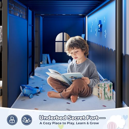 Twin Low Loft Bed with Desk, Storage Drawers, LED Lights & Play Curtain