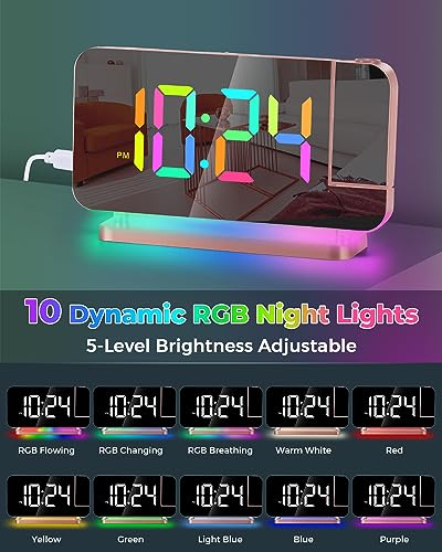 Projection Alarm Clock with RGB LED Mirror Display and USB-C Charging Port