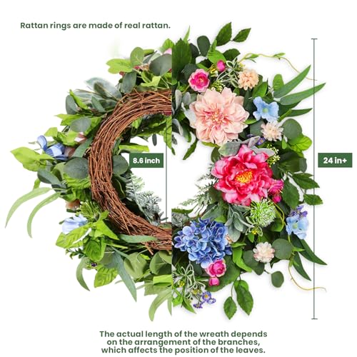 24-Inch Artificial Spring Wreath for Front Door, Floral Eucalyptus Wreath