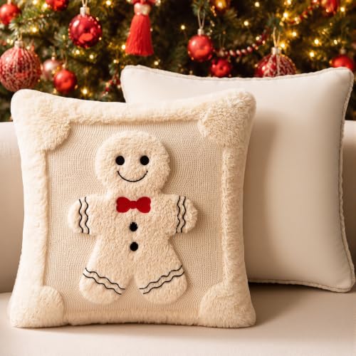 2 Pcs 18x18 Gingerbread Christmas Pillow Covers - 3D Embroidered Velvet - White (Pack of 2)