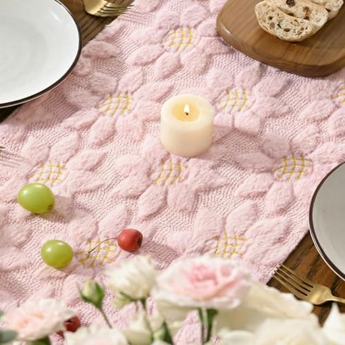 Artoid Mode Pink Soft Plush Faux Fur Jacquard Embroidery Sunflower Table Runner 13x48