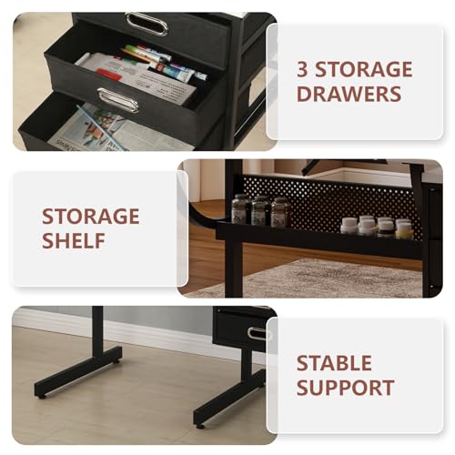 Adjustable Drafting Table and Stool Set with 3 Drawers, Black