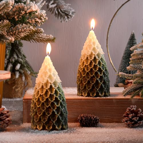 MTLEE 2 Pcs Christmas Tree Candles with Gradient Style - Decorative Holiday Table Decor
