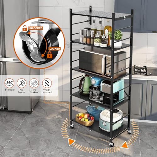 5-Tier Foldable Metal Storage Shelf with Wheels and Hooks, Black