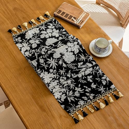Fall Chenille Table Runner 14 x 95 Inch – 3D Jacquard with Tassels,