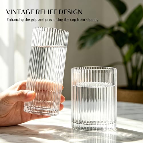 INSETLAN Ribbed Glassware Set of 8 - 12oz Highball & 14oz Rocks Glasses, Vintage Style