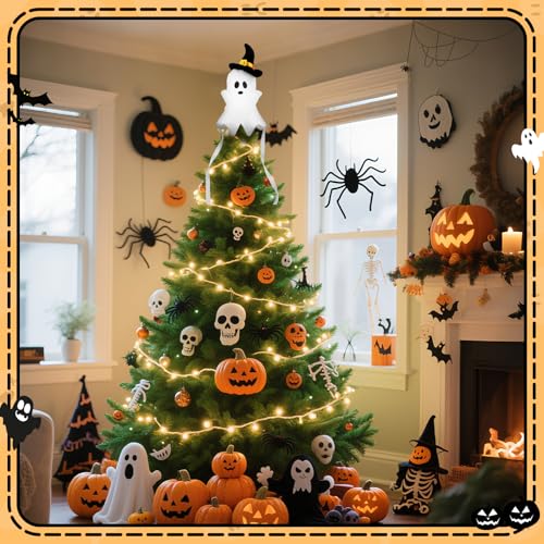 White Ghost Halloween Tree Topper with Witch Hat - 11.8-Inch Plush Decor
