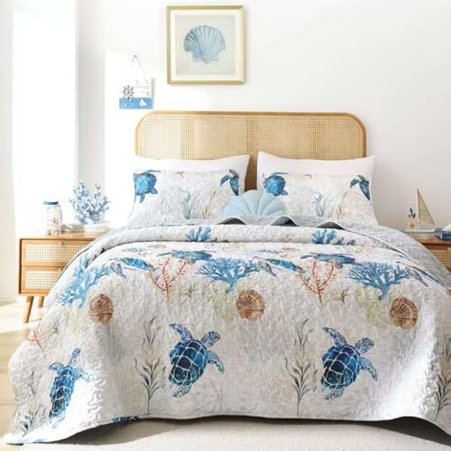 Sea Turtle Coastal Quilt Set Queen Size - Soft Microfiber Bedding