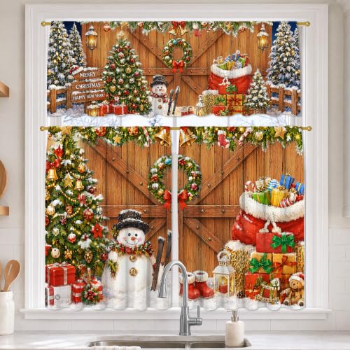 Woaoce Christmas Farmhouse Window Curtain Set 3 Pieces Snowman & Holiday Decor