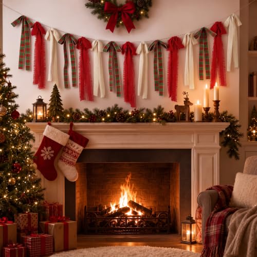 Elegant Christmas Plaid Bow Garland - 6.7ft Red Green Holiday Banner