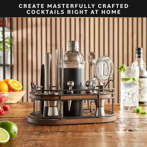 Home Hero 22-Piece Silver Bartender Kit with Wooden Stand & Recipe Book