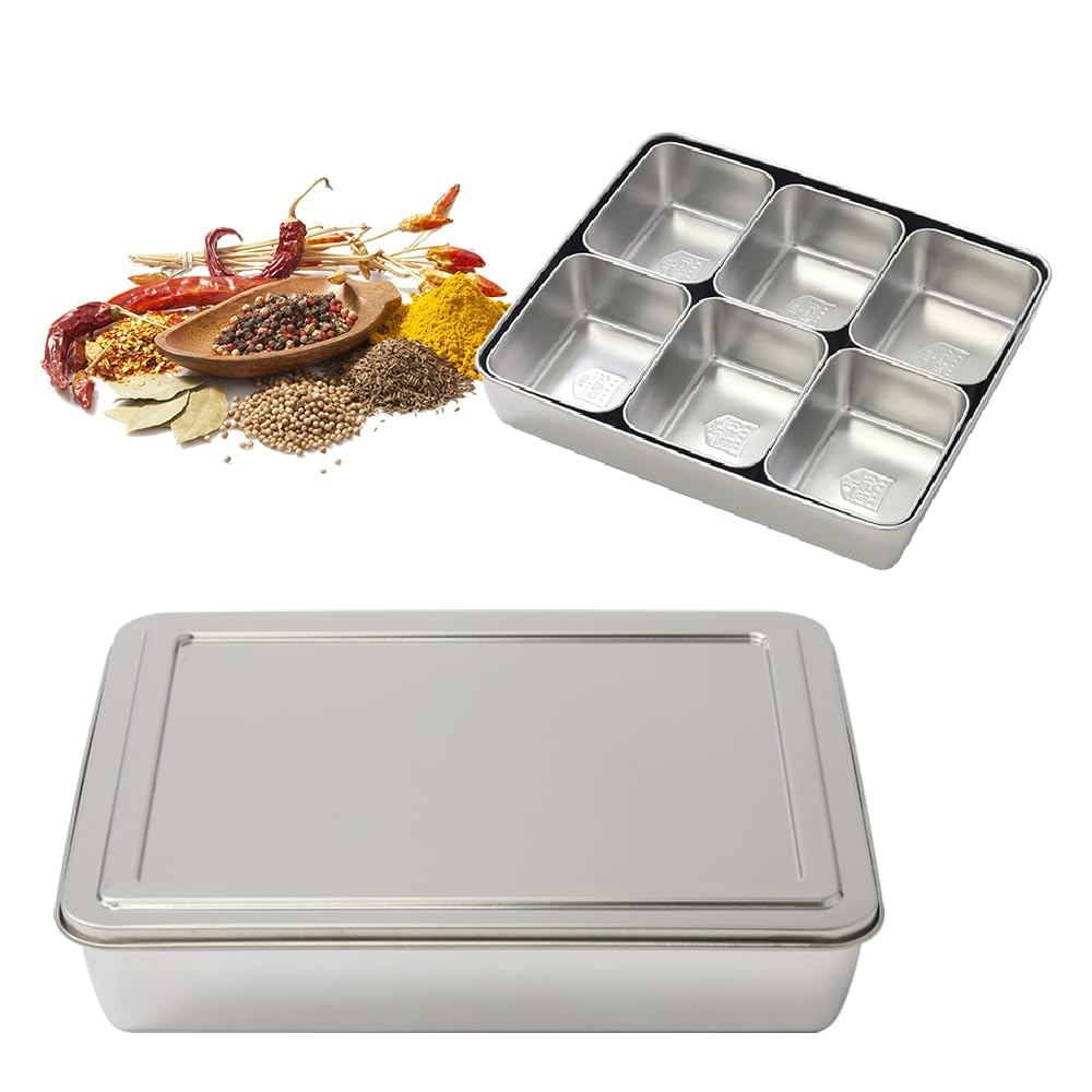 Japard Stainless Steel Seasoning Box with Lid, Food Storage Container with Tray Spice Organizer Jars, 6 Grids Spice Salt Sugar, Kitchen Utensils