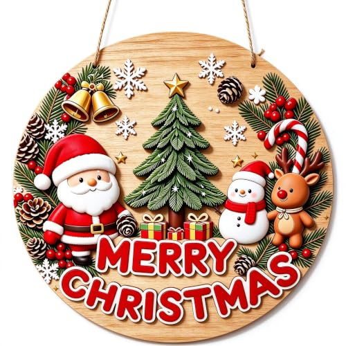 RHUISHU Round Christmas Wooden Welcome Door Sign Holiday Decor for Front Porch