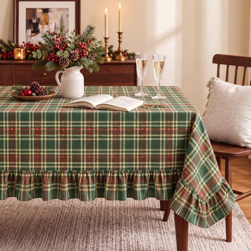 Green Christmas Plaid Ruffled Tablecloth 52x70 Inch for Holiday Dining - Mindsoft