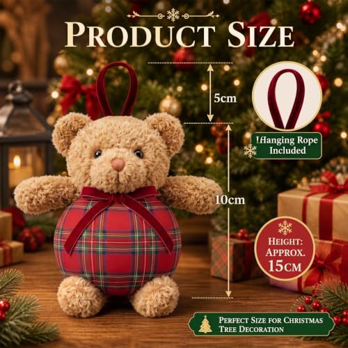 Resholder 16 Pack Christmas Plaid Bear Ornaments - 4in Red Plush Bears