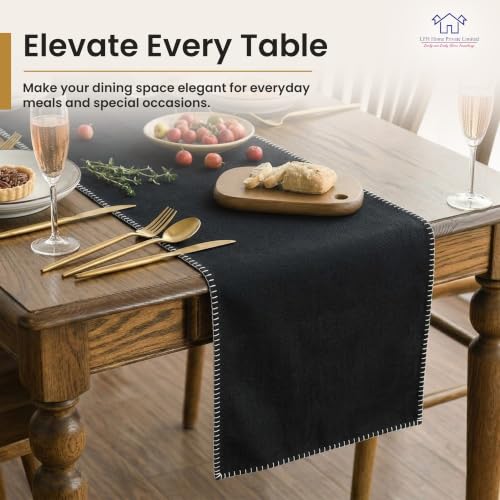 LFH Home Cotton Rich Table Runner 18x72 Black with Blanket Stitch