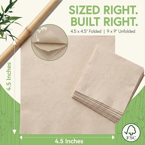 Jenvita 250 Pack Bamboo Cocktail Napkins 2-Ply 4.5 x 4.5 Inch Eco Friendly