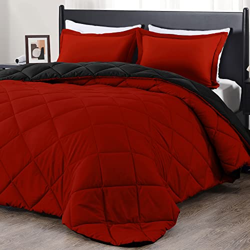 King Size Reversible Comforter Set - 3-Piece Red & Black Bedding with Shams