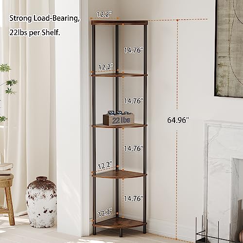 5-Tier Industrial Corner Shelf, 65-Inch Tall Corner Bookshelf for Small Spaces
