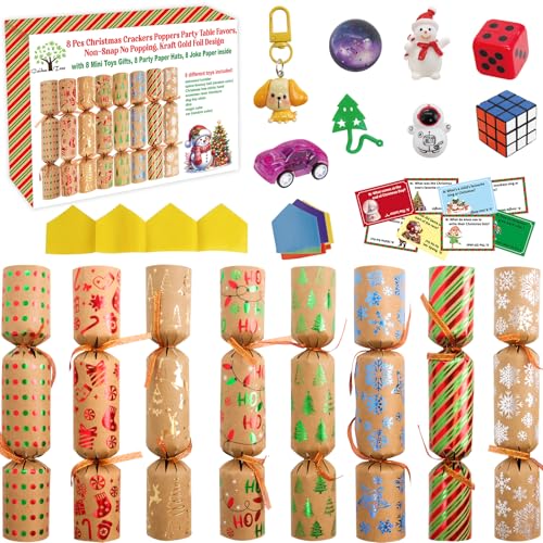 Ceiba Tree Kraft Gold Foil Christmas Crackers 8 Pcs Prefilled Party Favors