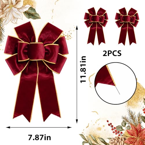 Ftuuo Burgundy Velvet Christmas Wreath Bows 2pcs Holiday Decorations