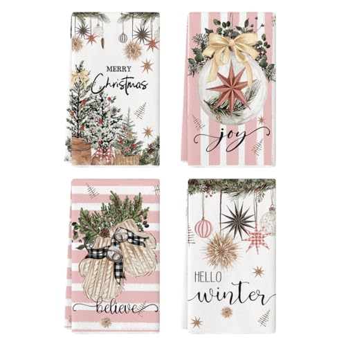 Pink Christmas Kitchen Towels Set of 4 18x26 Inches - Artoid Mode Holiday Dish Cloths