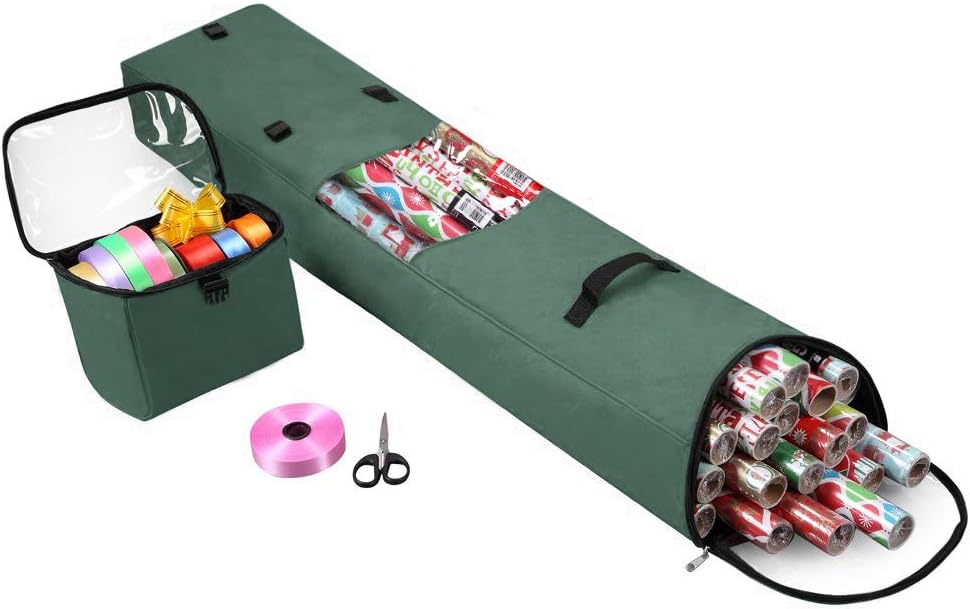 Primode Heavy Duty Christmas Gift Wrap Storage Bag - Long Wrapping Paper Organizer with Detachable Tote | 48" x 10" x 5" (Green)