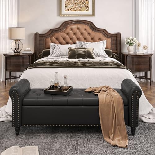 65-Inch Upholstered Storage Bench with Rolled Arms and Tufted Seat