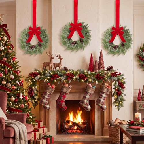 6-Piece Mini Christmas Wreaths with Red Ribbons for Kitchen Cabinets
