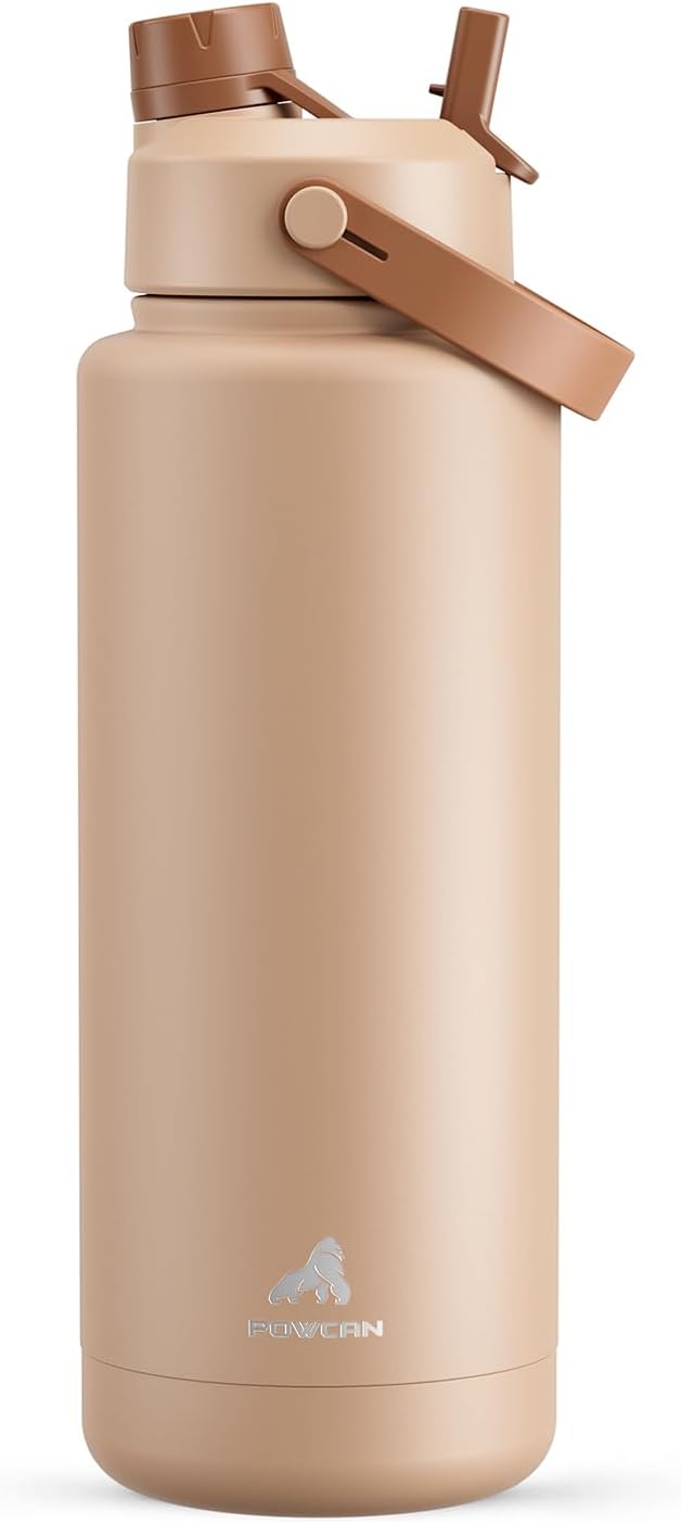 POWCAN 40 oz Insulated Water Bottle - 2-in-1 Straw & Spout Lid, Leak-Proof, BPA-Free, Mocha