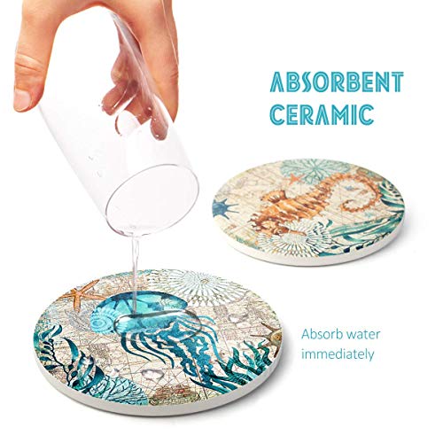 Teivio Ceramic Absorbing Coasters Set of 8 with Cork Base & Holder - Coastal Beach Decor