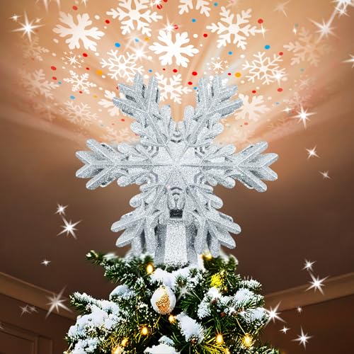 Fecisum Silver Snowflake Christmas Tree Topper with Rotating LED Projector - 3D Glitter Decor