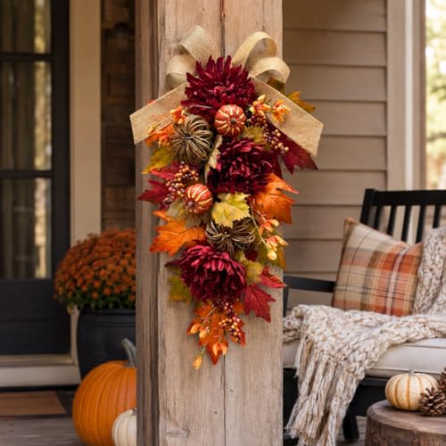 24-Inch Lighted Fall Teardrop Swag with Timer, Pumpkins and Burlap Bow