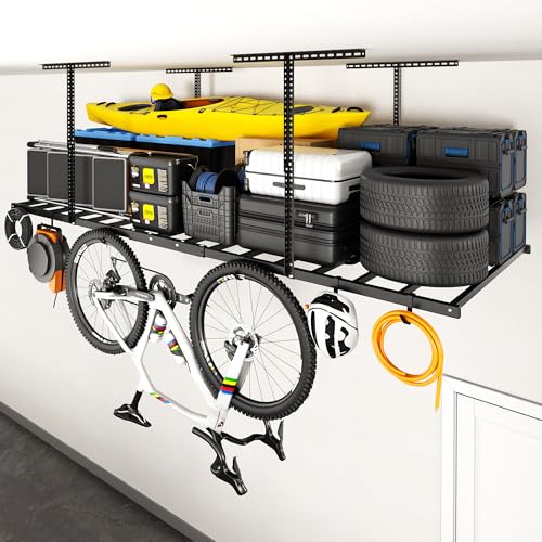 4x8 Overhead Garage Ceiling Storage Rack with 6 Hooks, 750lbs Capacity