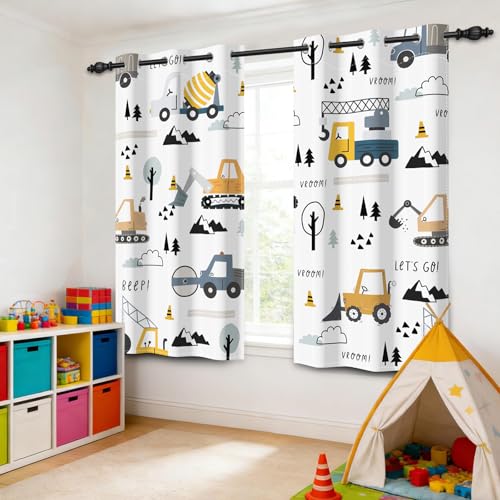 Construction Truck Blackout Curtains for Kids Bedroom, 63-Inch Set